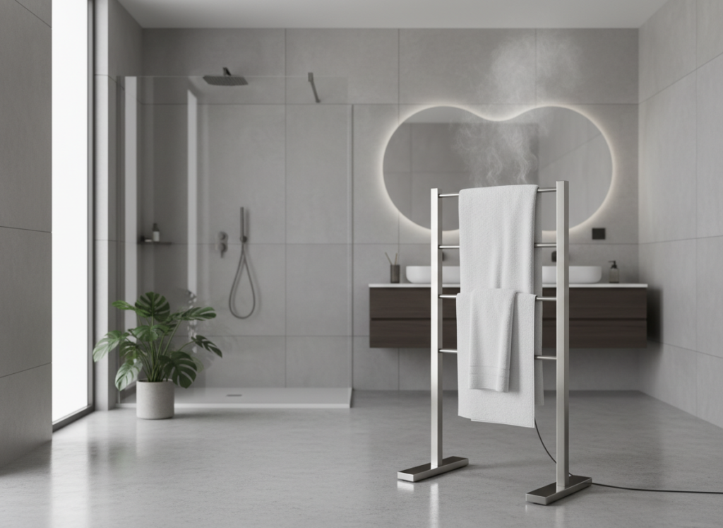 Freestanding rack towel warmer with towels hanging Freestanding rack towel warmer with towels hanging