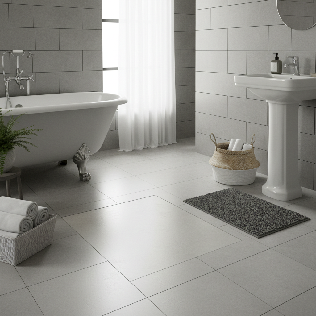 Freestanding towel warmer in a bathroom setting Freestanding towel warmer in a bathroom setting