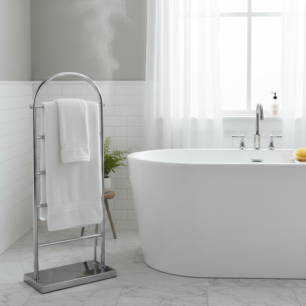 Freestanding towel warmer rack next to a bathtub