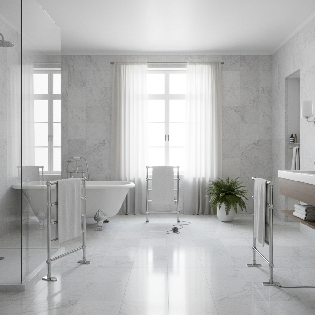 Freestanding towel warmer that can be moved around the bathroom Freestanding towel warmer that can be moved around the bathroom