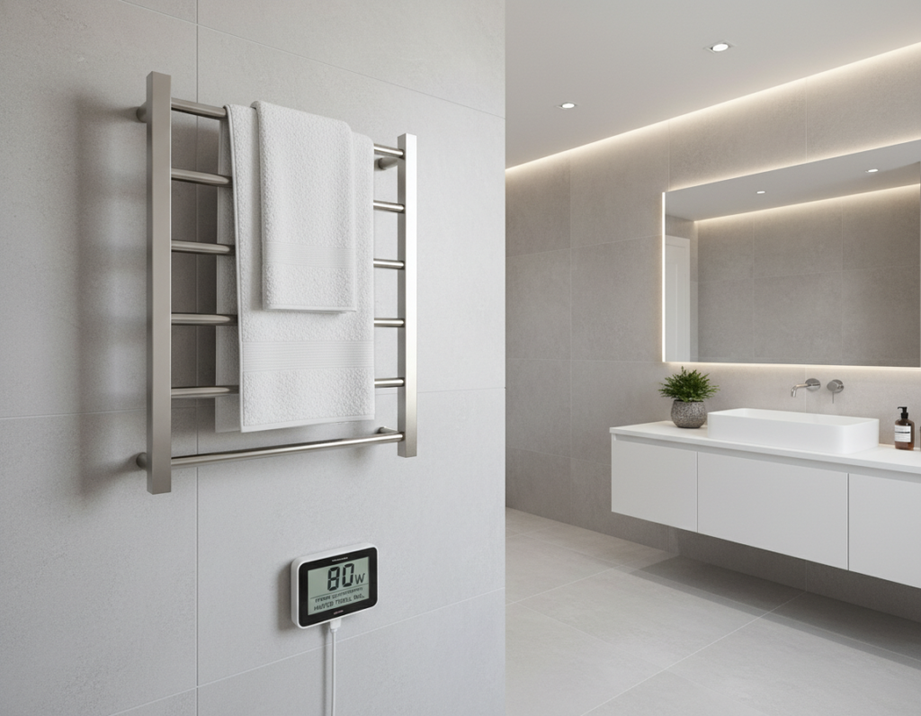 Heated towel rail with a digital energy monitor showing low power consumption