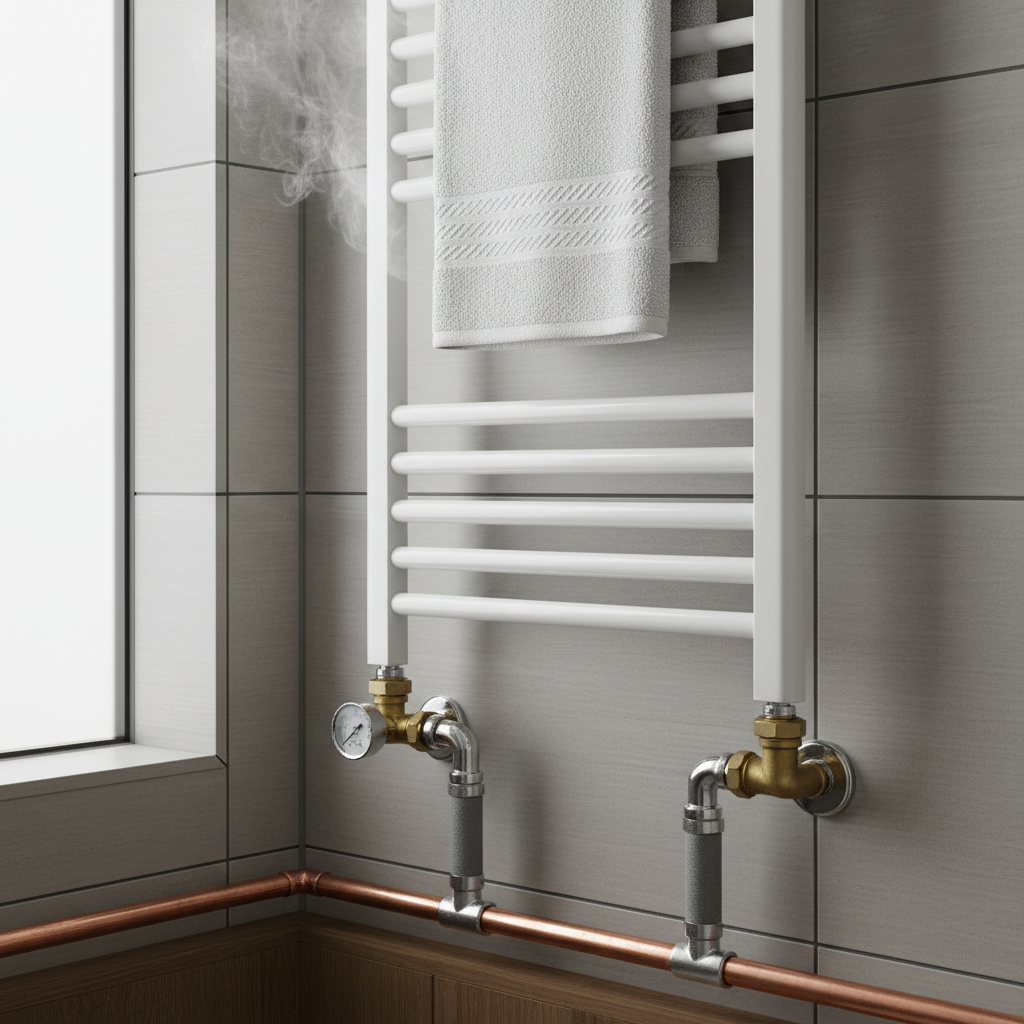 Hydronic heated towel rail connected to home heating system
