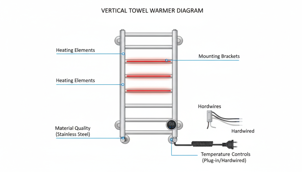 Key features of vertical towel warmers highlighted on a premium model