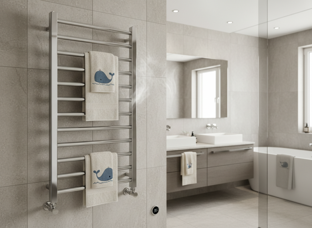 Large heated towel rail with multiple bars for family bathrooms