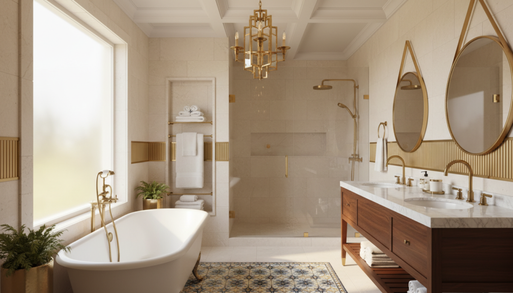 Luxurious bathroom featuring a brass towel warmer as a focal point