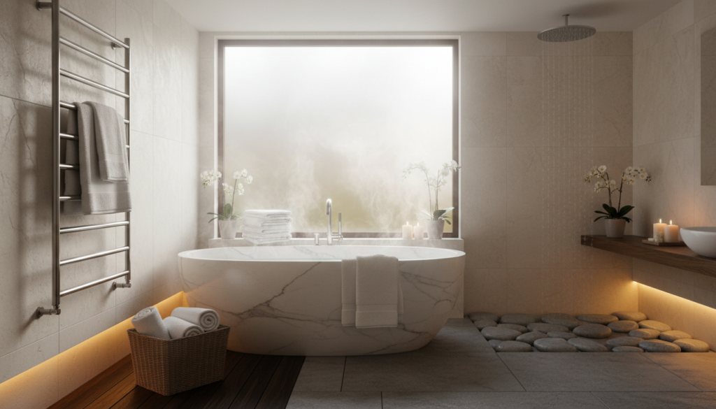 Luxurious bathroom featuring a runtal towel warmer creating a spa-like atmosphere
