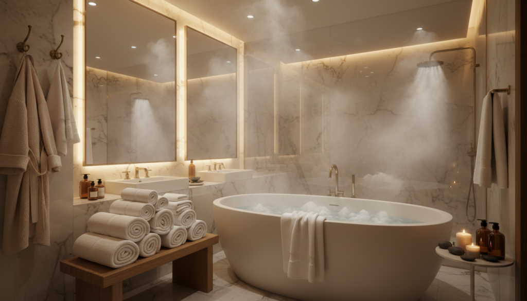 Luxurious bathroom setting with steam suggesting the comfort of vevor towel warmer use Luxurious bathroom setting with steam suggesting the comfort of vevor towel warmer use