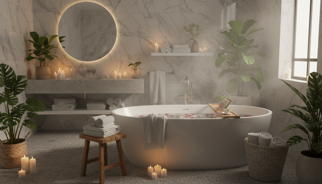 Luxurious bathroom setting with warm, cozy atmosphere created by a towel warmer