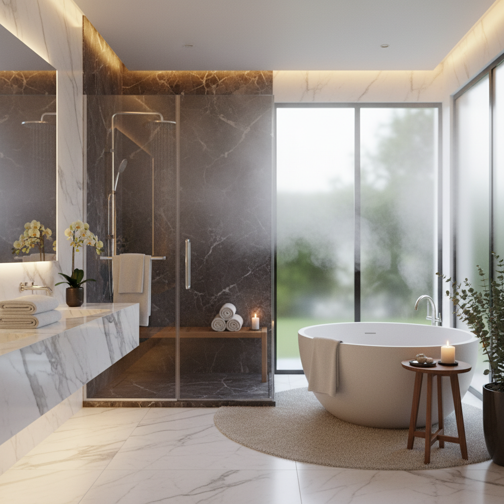 Luxurious bathroom setup with warm towels Luxurious bathroom setup with warm towels