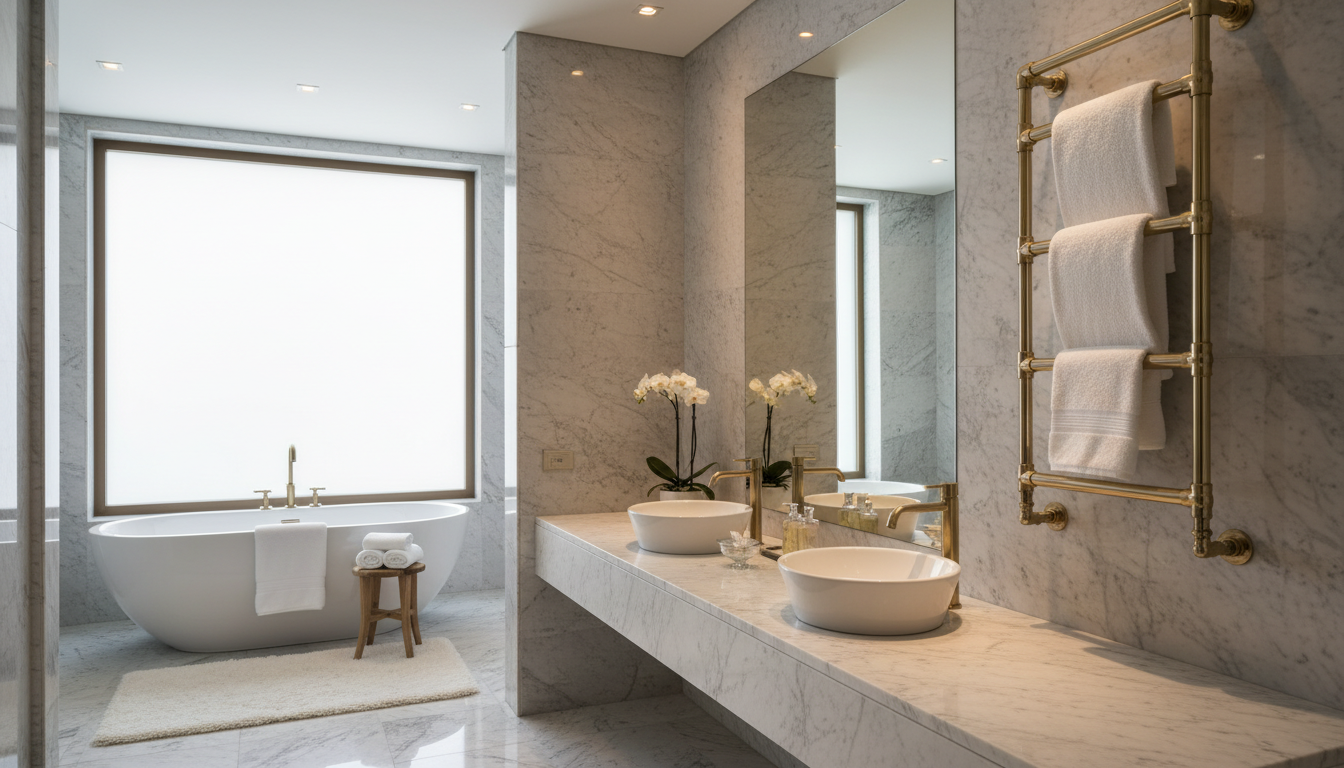 Luxurious bathroom with brass towel warmer mounted on wall