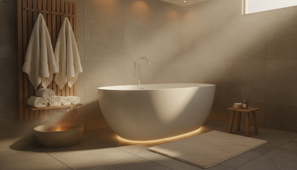 Luxurious bathroom with heated towel rack creating a spa-like atmosphere Luxurious bathroom with heated towel rack creating a spa-like atmosphere