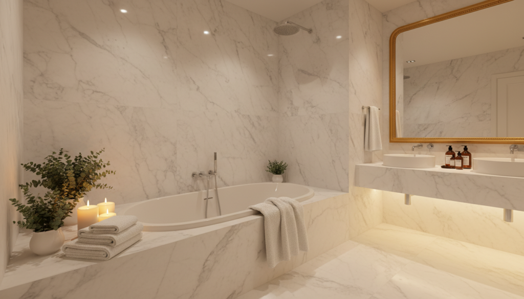 Luxurious bathroom with spa elements and warm towels