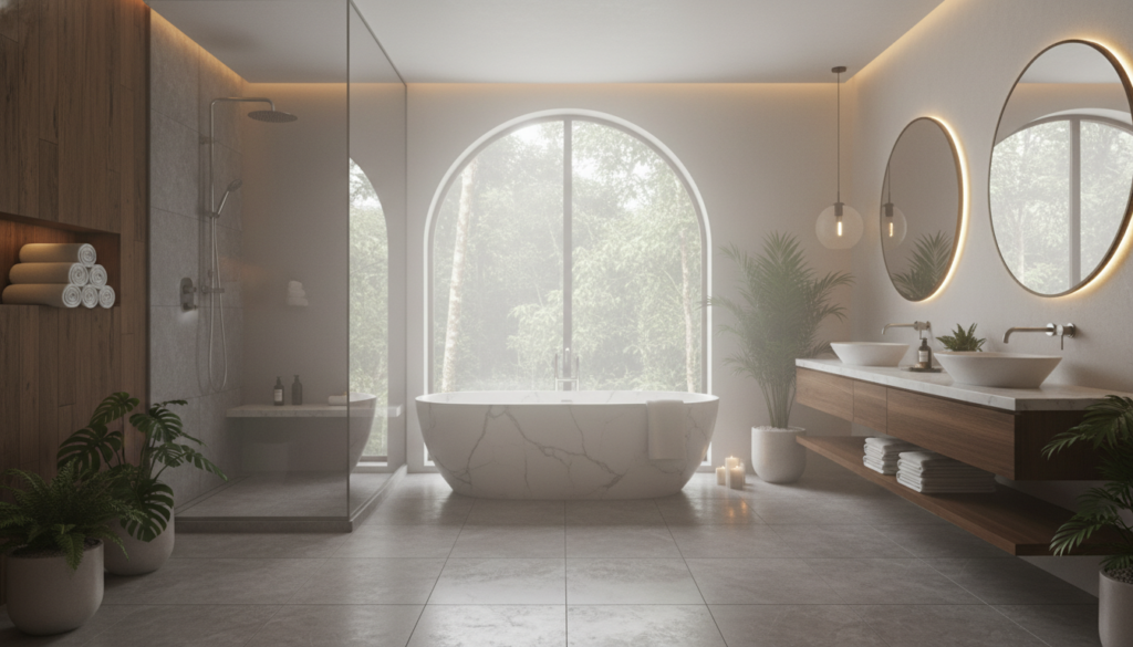 Luxurious bathroom with space for a hardwired towel warmer showing the comfort it would bring