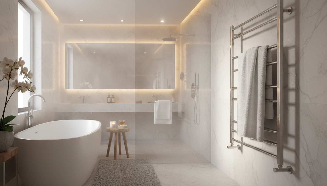 Luxurious bathroom with towel warmer creating a spa-like atmosphere