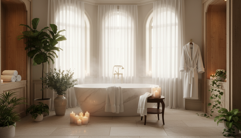 Luxurious bathroom with wall mounted towel warmer creating a spa-like atmosphere Luxurious bathroom with wall mounted towel warmer creating a spa-like atmosphere