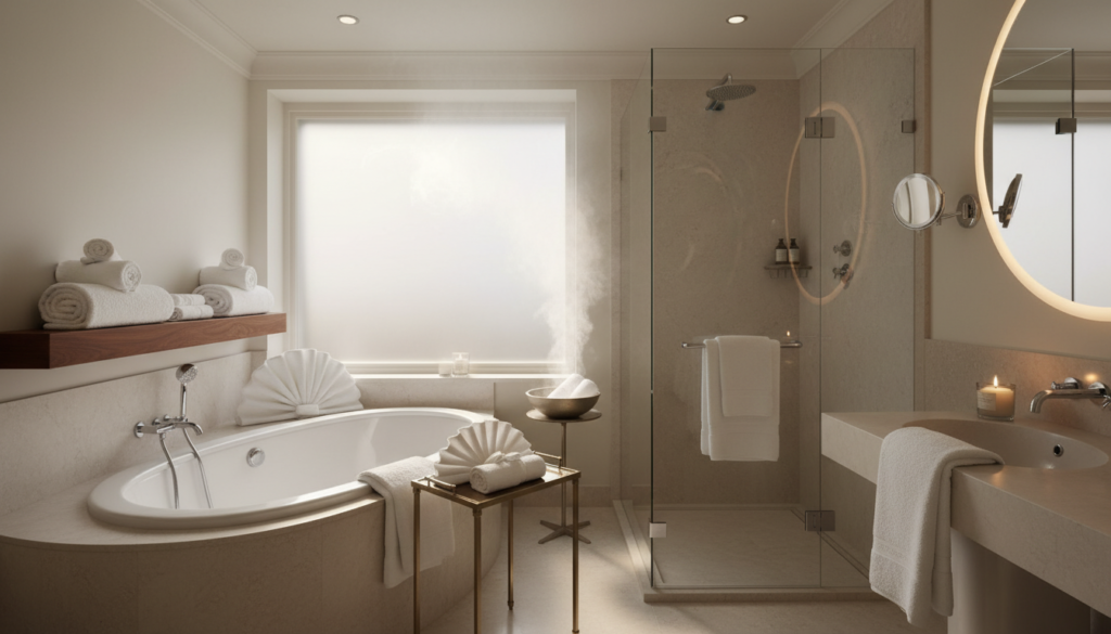 Luxurious bathroom with warm towels ready for use Luxurious bathroom with warm towels ready for use