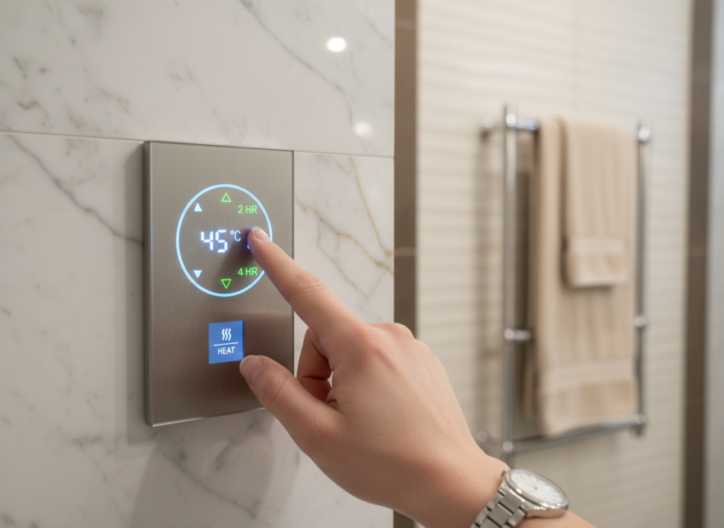 Luxury bathroom featuring a high-end towel warmer with plush towels