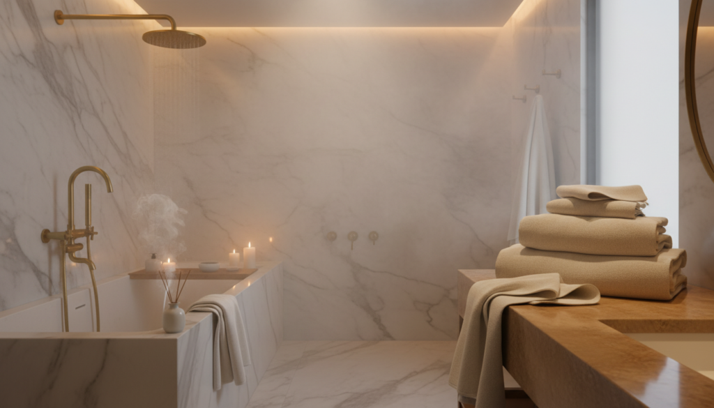 Luxury bathroom featuring a towel warmer with warm towels, showing the comfort benefits of hydronic vs electric towel warmer options