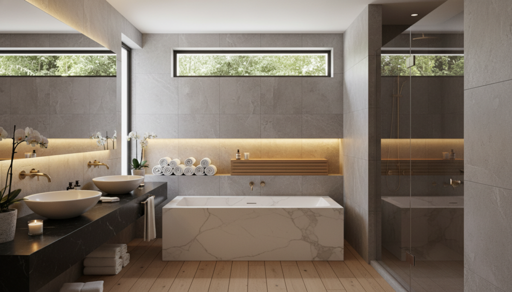 Luxury bathroom with towel warmer as part of decor