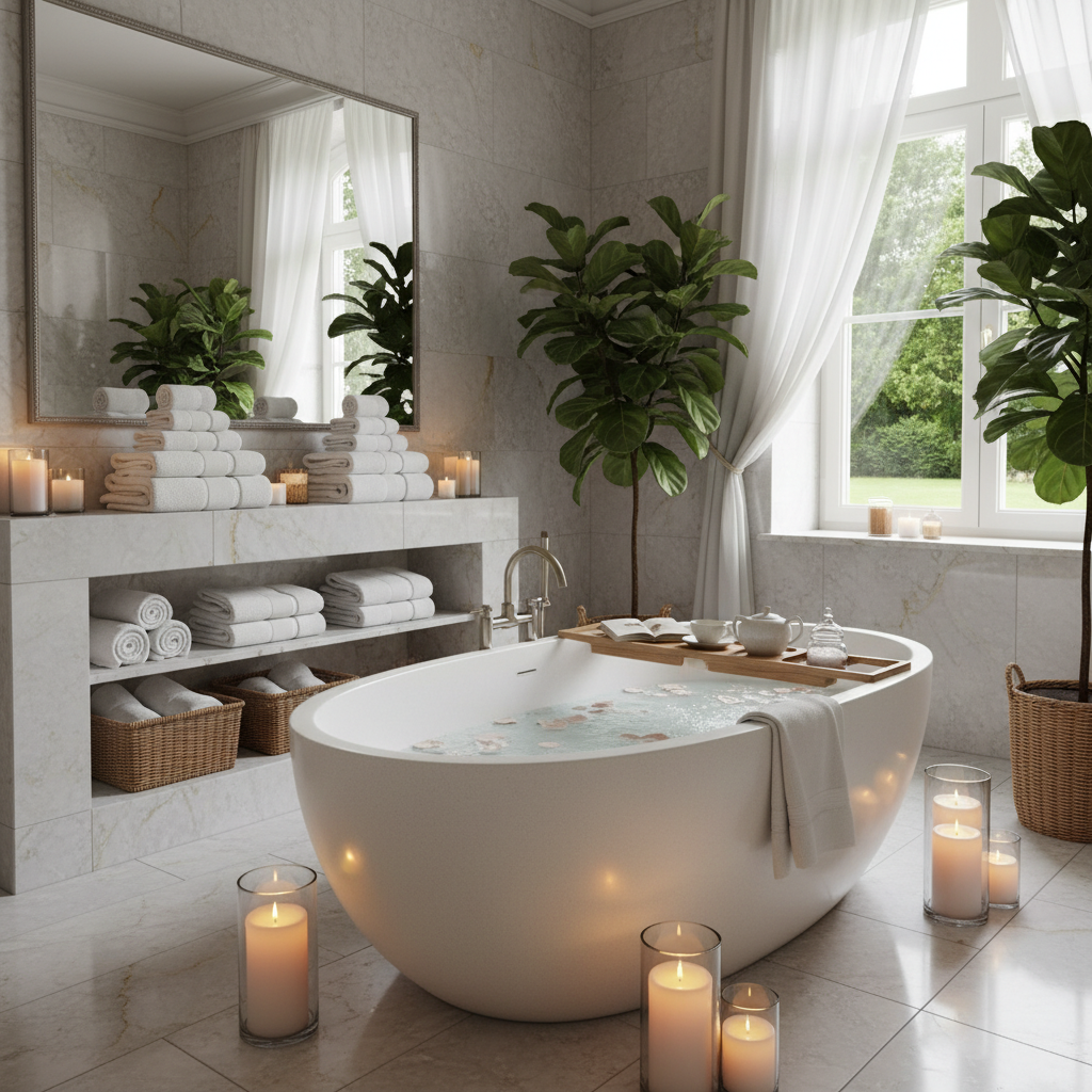 Luxury spa-like bathroom setting with candles and warm towels