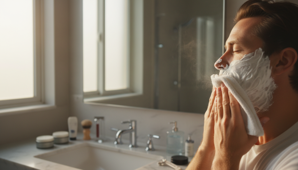 Man using hot towel for shaving preparation showing how to heat towels for grooming