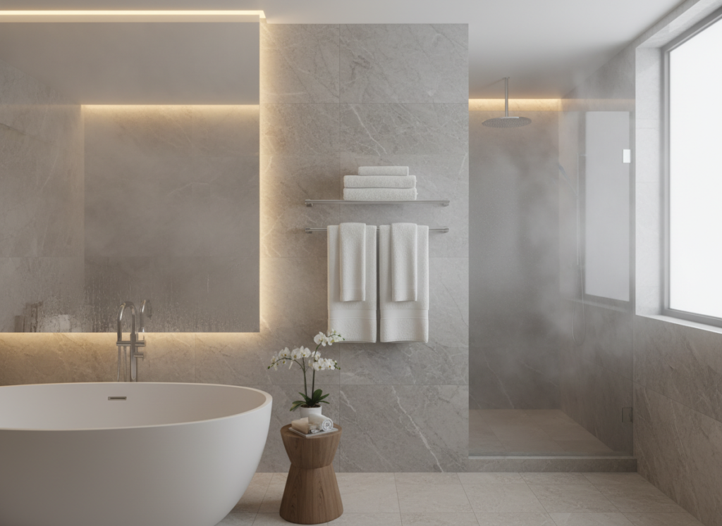 Modern bathroom featuring a hardwired towel warmer mounted on wall