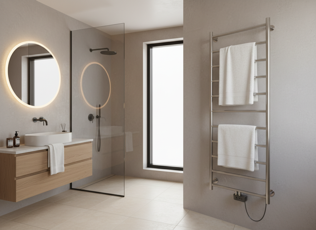 Modern bathroom featuring a wall mounted towel warmer with towels hanging Modern bathroom featuring a wall mounted towel warmer with towels hanging