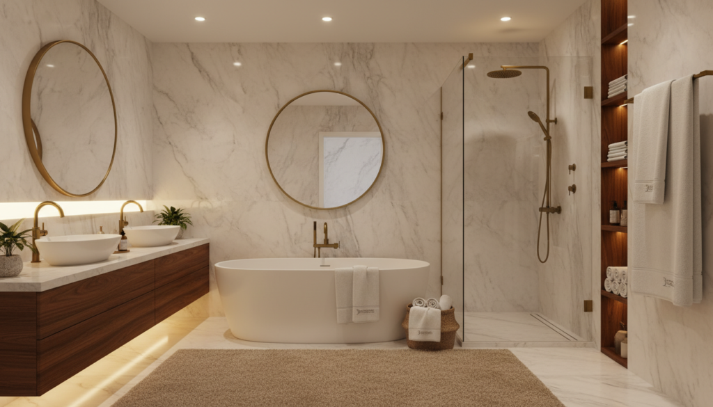 Modern bathroom setting showing where towel warmers would be used