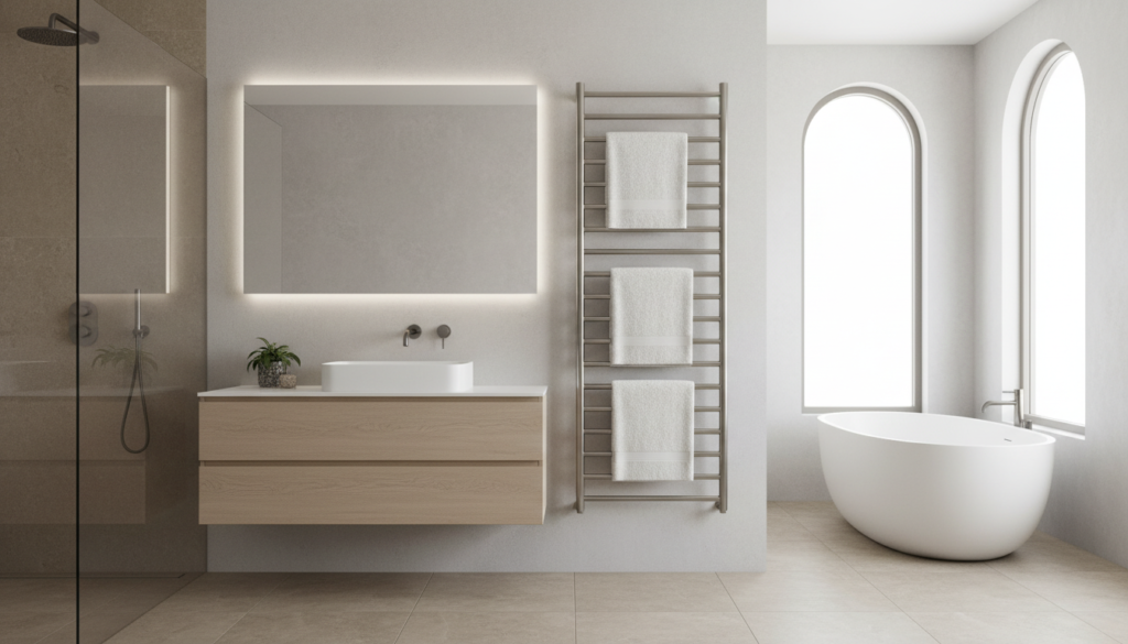 Modern bathroom with an energy-efficient heated towel rail integrated into the design