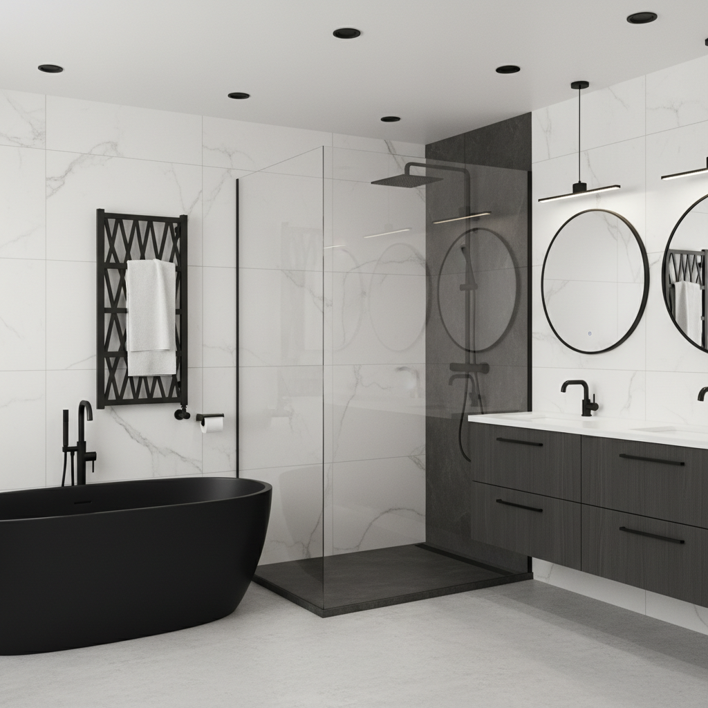 Modern bathroom with black fixtures including a towel warmer
