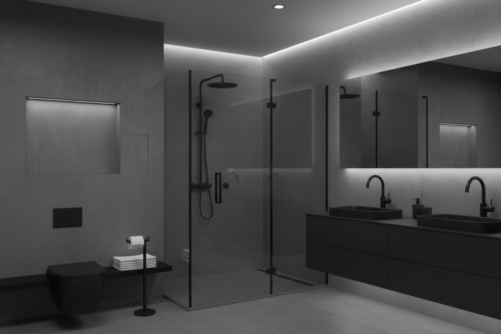Modern bathroom with black fixtures where a matte black towel warmer would complement the design