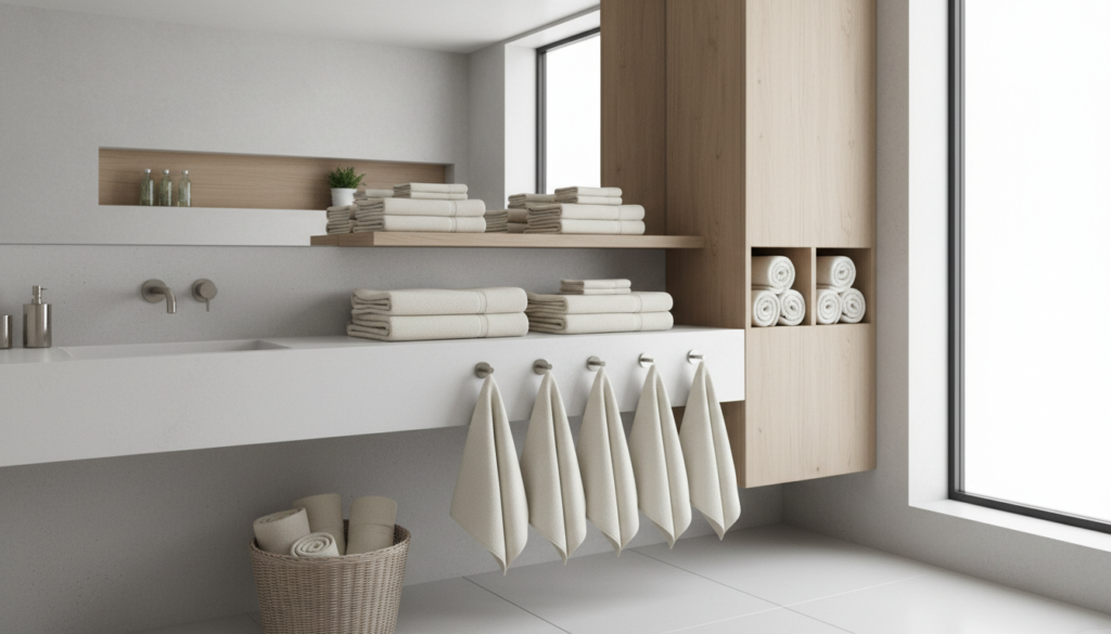 Modern bathroom with organized towels showing zadro towel warmer benefits