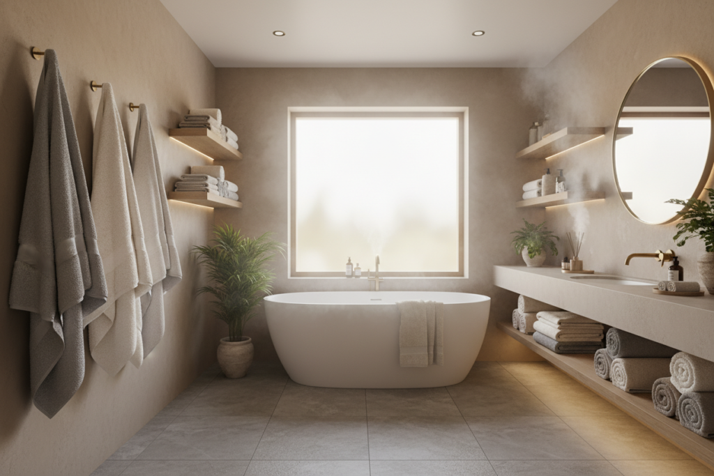 Modern bathroom with towels hanging, showing the aesthetic appeal of an Ancona towel warmer installation