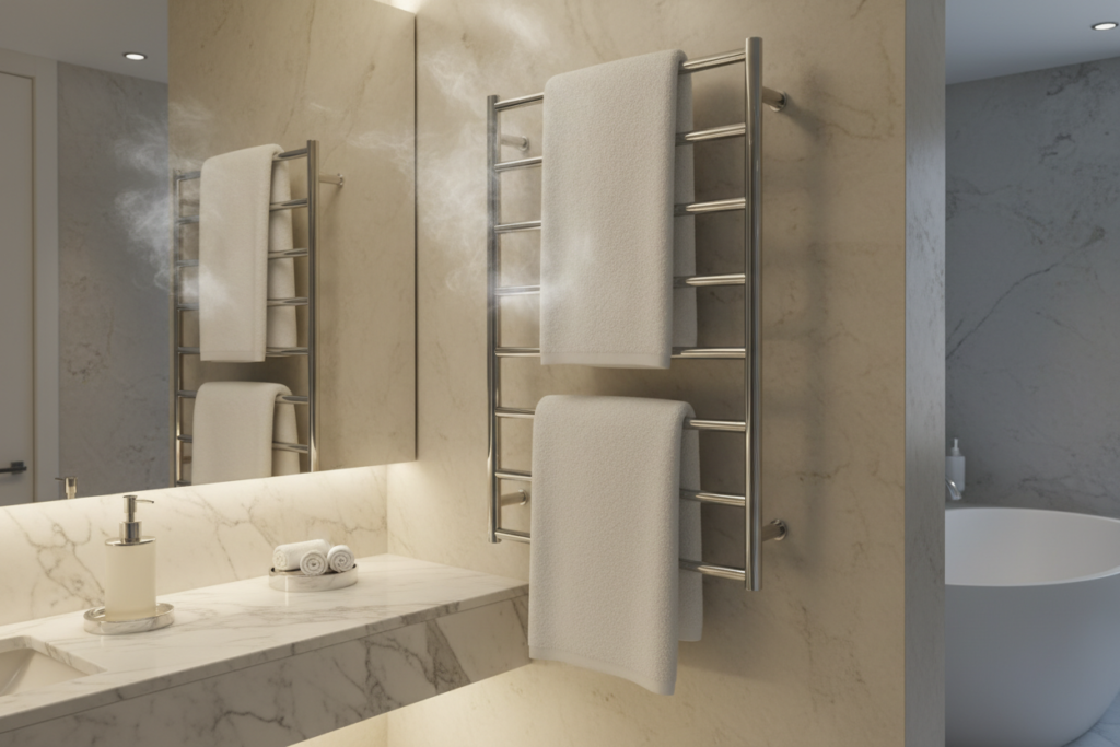Modern towel warmer with heated towels showing the premium way how to heat towels