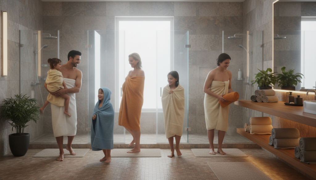 Multiple warm towels from SereneLife high capacity warmer being used by family members