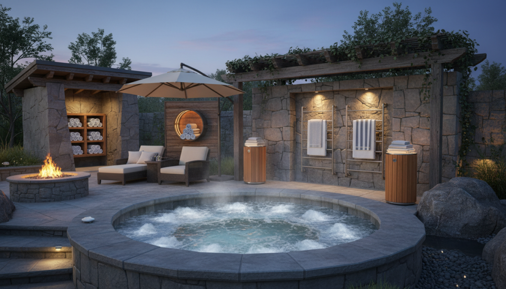 Outdoor hot tub area with various towel warming options Outdoor hot tub area with various towel warming options