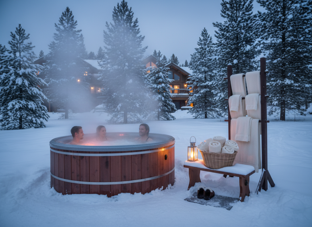 Outdoor hot tub setup with towel warmer nearby showing the comfort of having warm towels Outdoor hot tub setup with towel warmer nearby showing the comfort of having warm towels