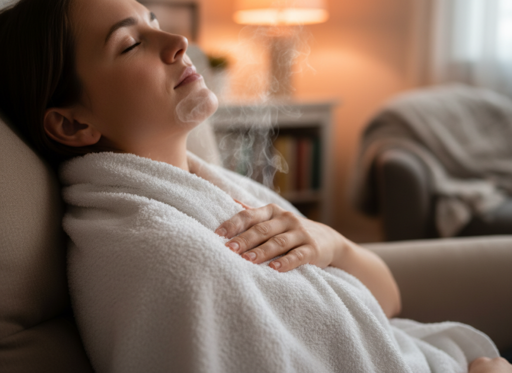 Person applying warm towel to shoulder for pain relief showing how to heat towels for therapeutic use