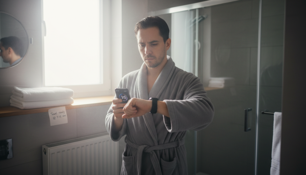 Person checking the timer on a vevor towel warmer before their morning shower Person checking the timer on a vevor towel warmer before their morning shower