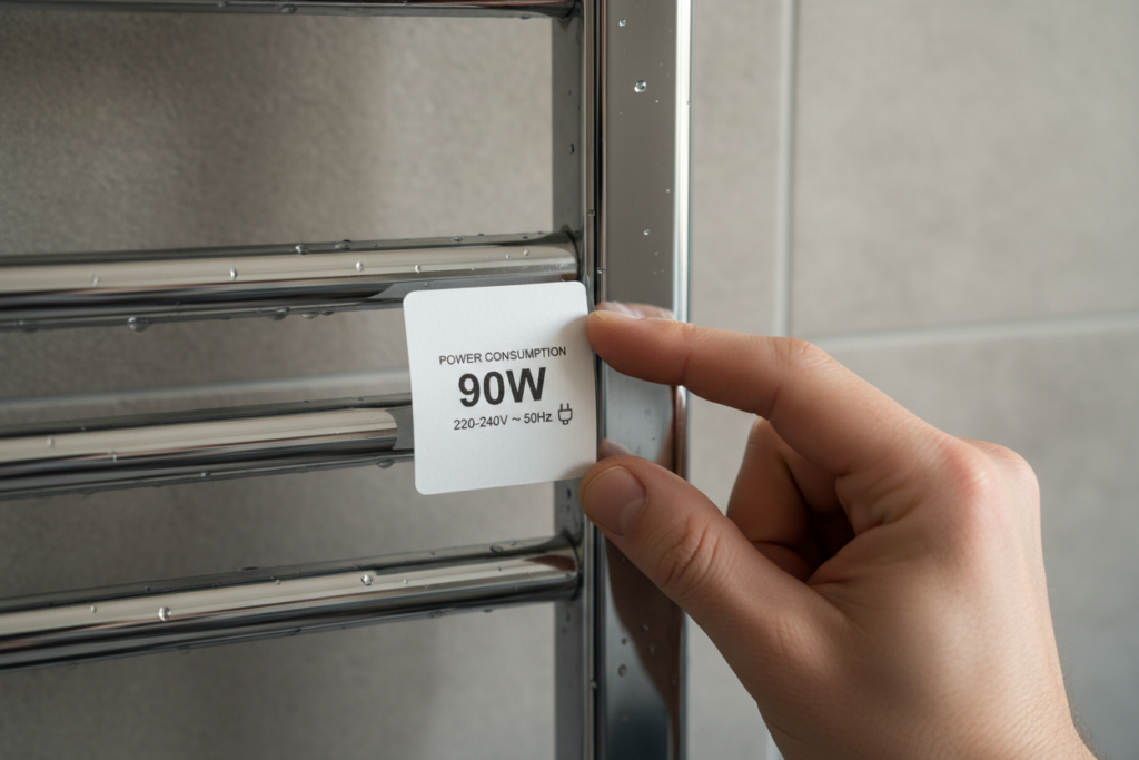 Person checking the wattage label on a heated towel rail