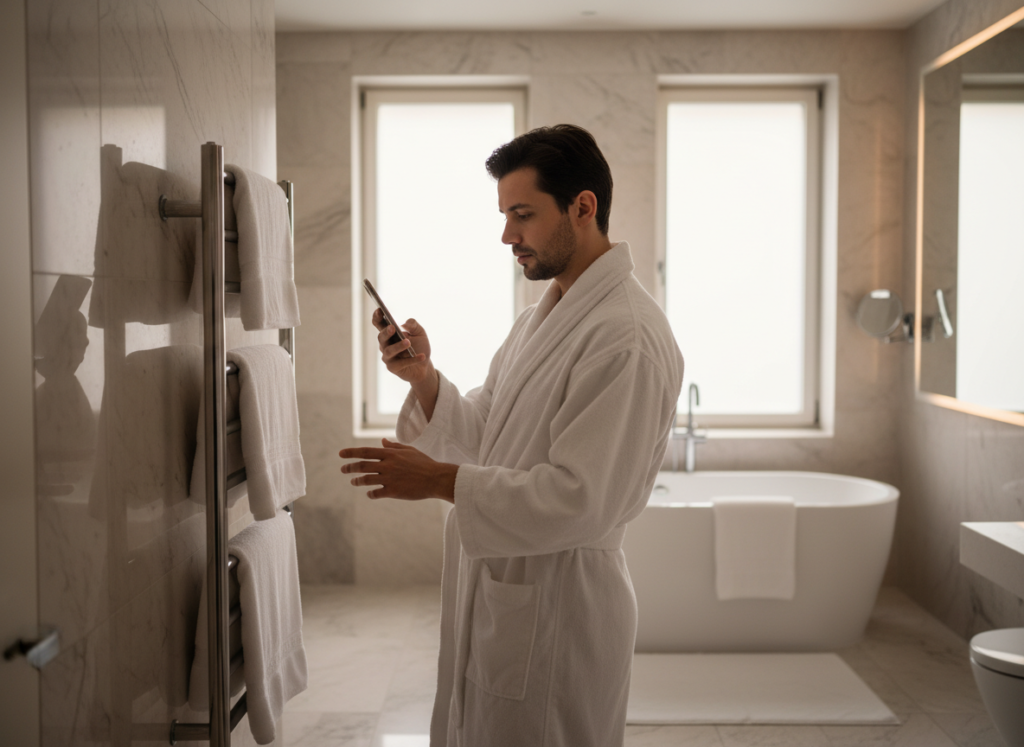 Person checking watch while waiting for towel to warm