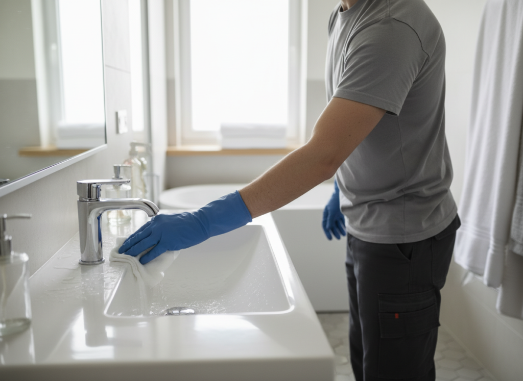 Person cleaning a bathroom showing proper maintenance of fixtures including towel warmers