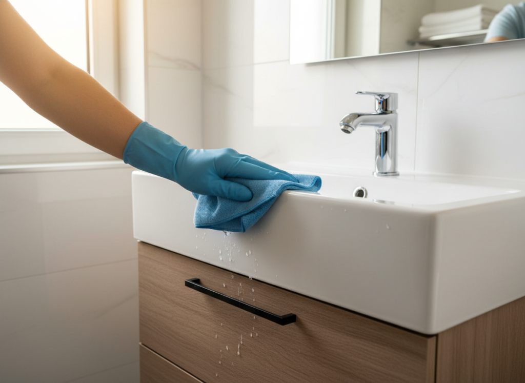 Person cleaning a bathroom with focus on maintaining fixtures