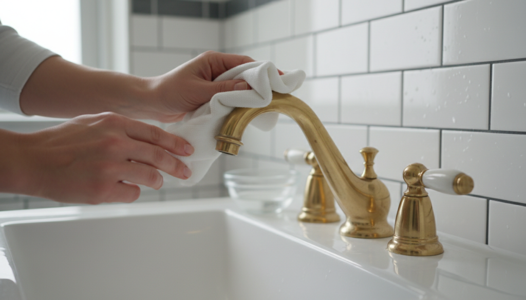 Person cleaning a brass towel warmer in a luxury bathroom