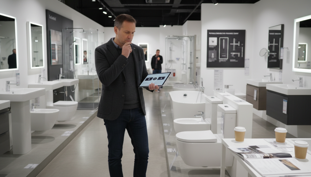 Person comparing different towel warmer features in a bathroom showroom