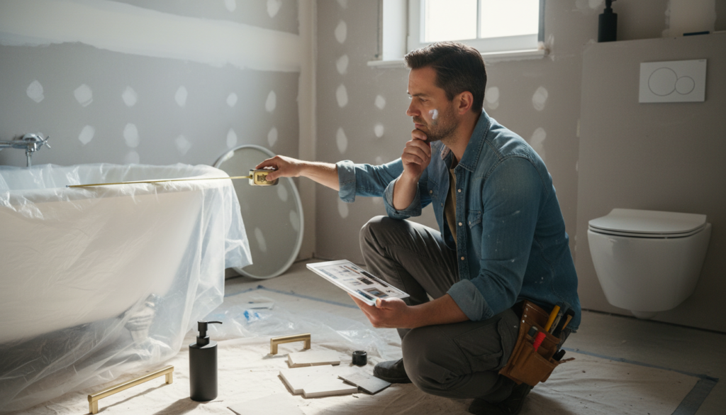 Person considering different SereneLife towel warmer options in a bathroom setting