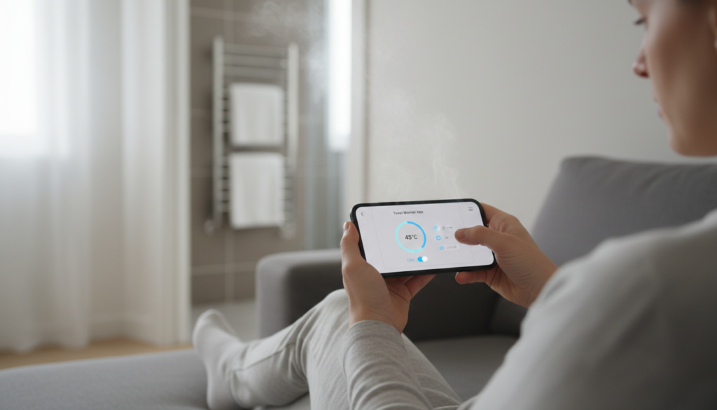 Person controlling a smart towel warmer with a smartphone app Person controlling a smart towel warmer with a smartphone app