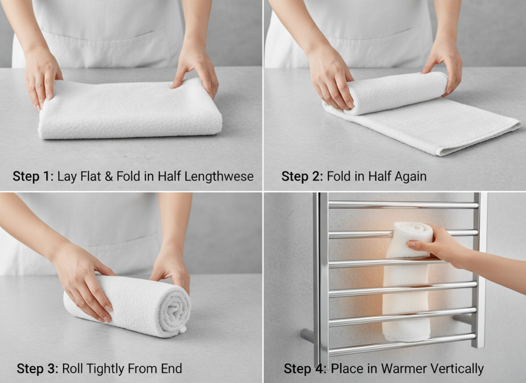Person demonstrating proper towel folding technique for a warmer Person demonstrating proper towel folding technique for a warmer