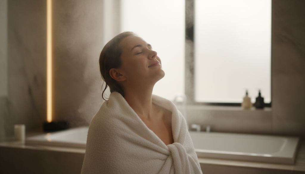 Person enjoying a luxurious bathroom experience with a warm towel