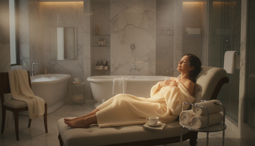 Person enjoying a luxurious bathroom experience with a warm towel, demonstrating the benefits of the best towel warmer 2026